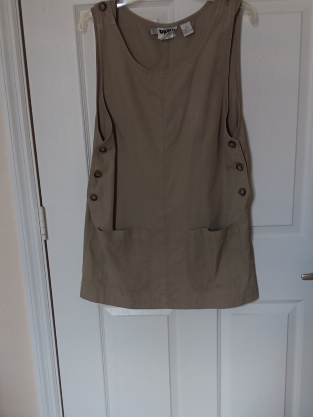 Y2K,DKNY Khaki Sleeveless Utility Tunic Or Dress, with Front Pockets.Size M